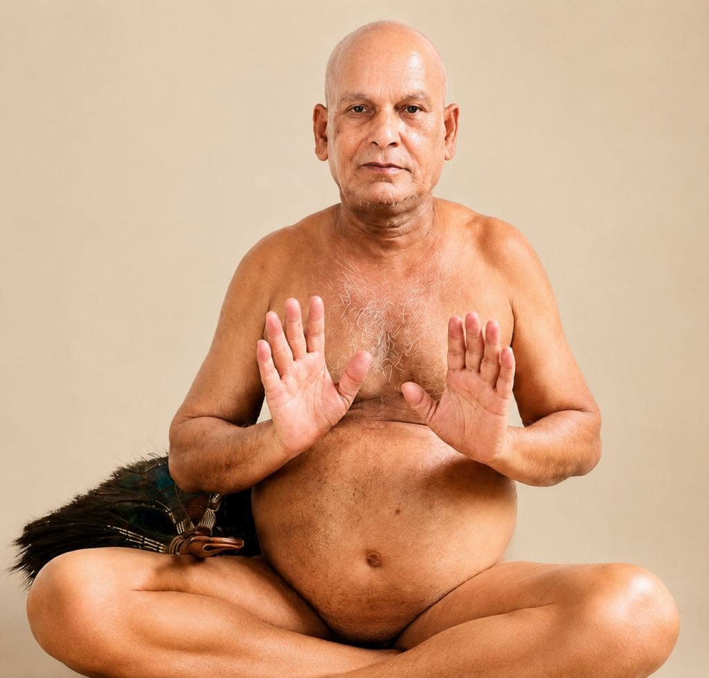Senior man, bald and shirtless, seated cross‑legged in a meditation pose with palms facing outward in front of him against a beige background.
