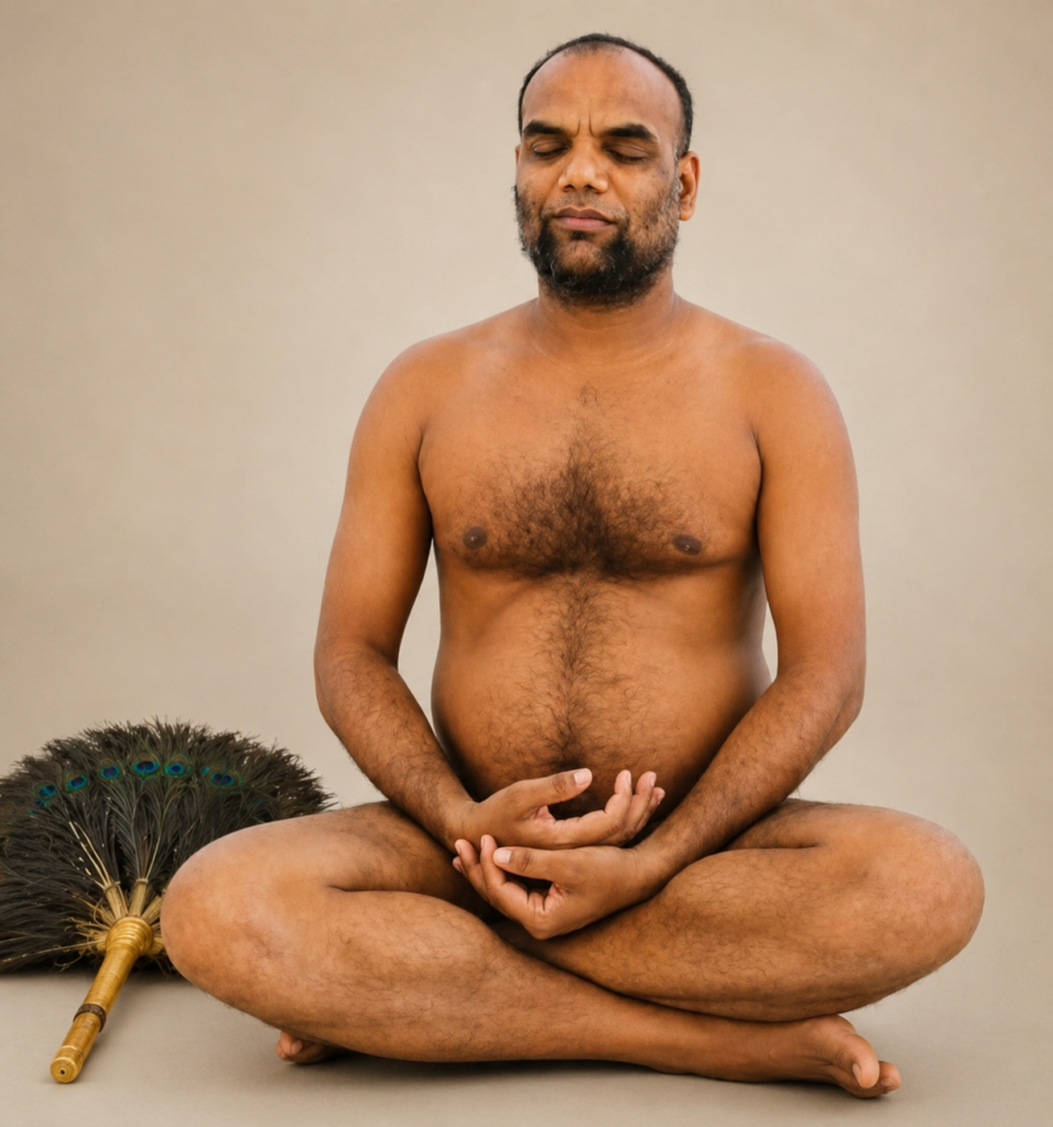 Man sitting cross‑legged in meditation with eyes closed; bare torso and chest hair, peacock feather fan beside him.