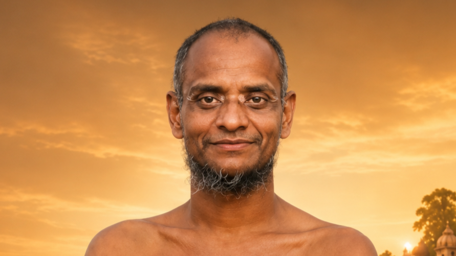 Portrait of a middle-aged man with a gray beard, bare shoulders, smiling against a golden sunset.