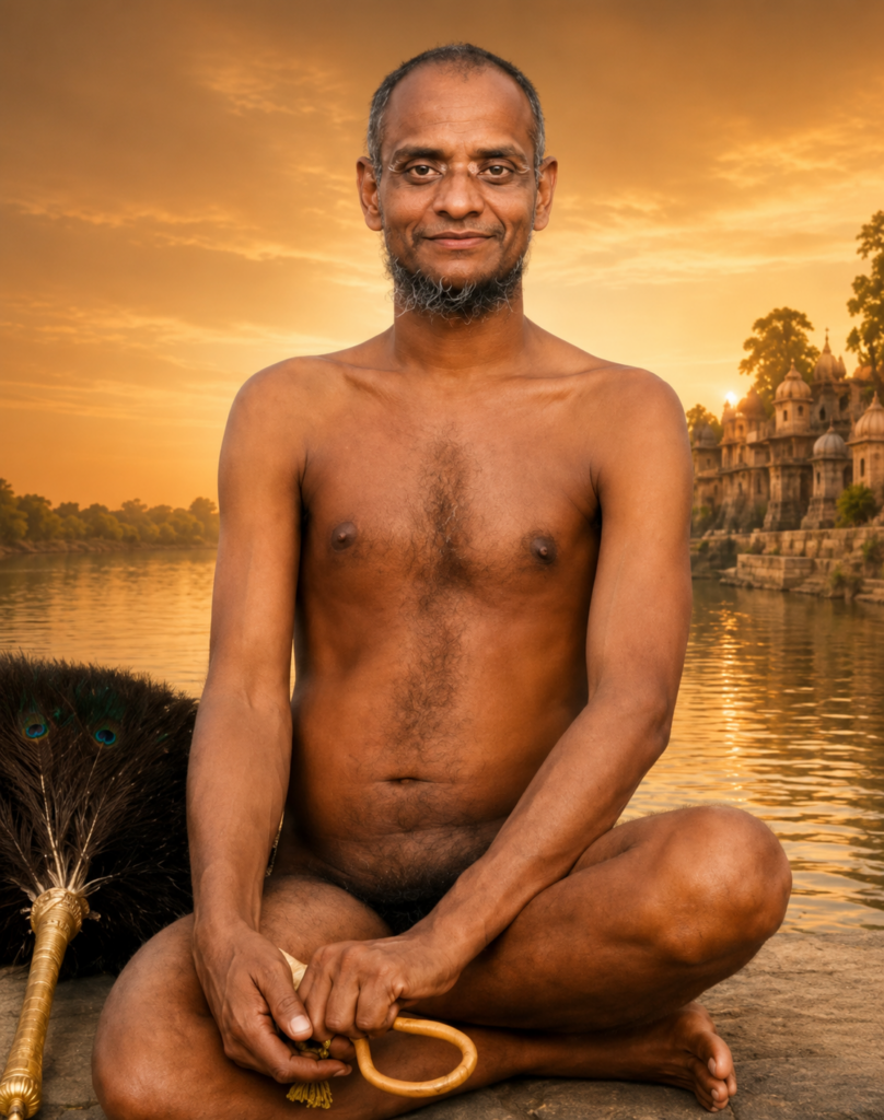 A shirtless man sits cross-legged on a riverbank at sunset, holding a curved wooden staff with peacock feathers nearby and a temple on the far bank behind him.