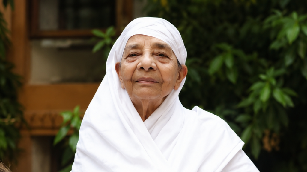 Elderly woman in a white headscarf and robe standing outdoors with green plants in the background.