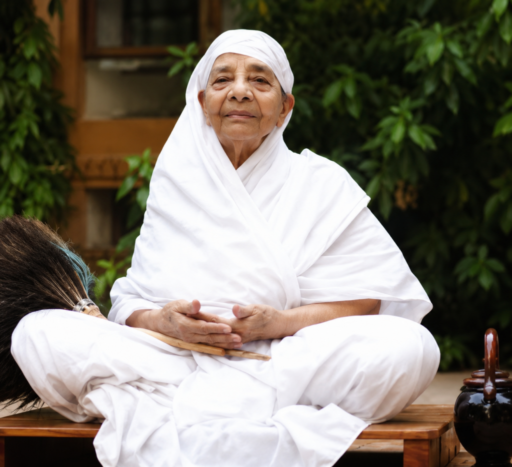 Older person in white robes sits cross-legged, meditating on a wooden bench outdoors among greenery.