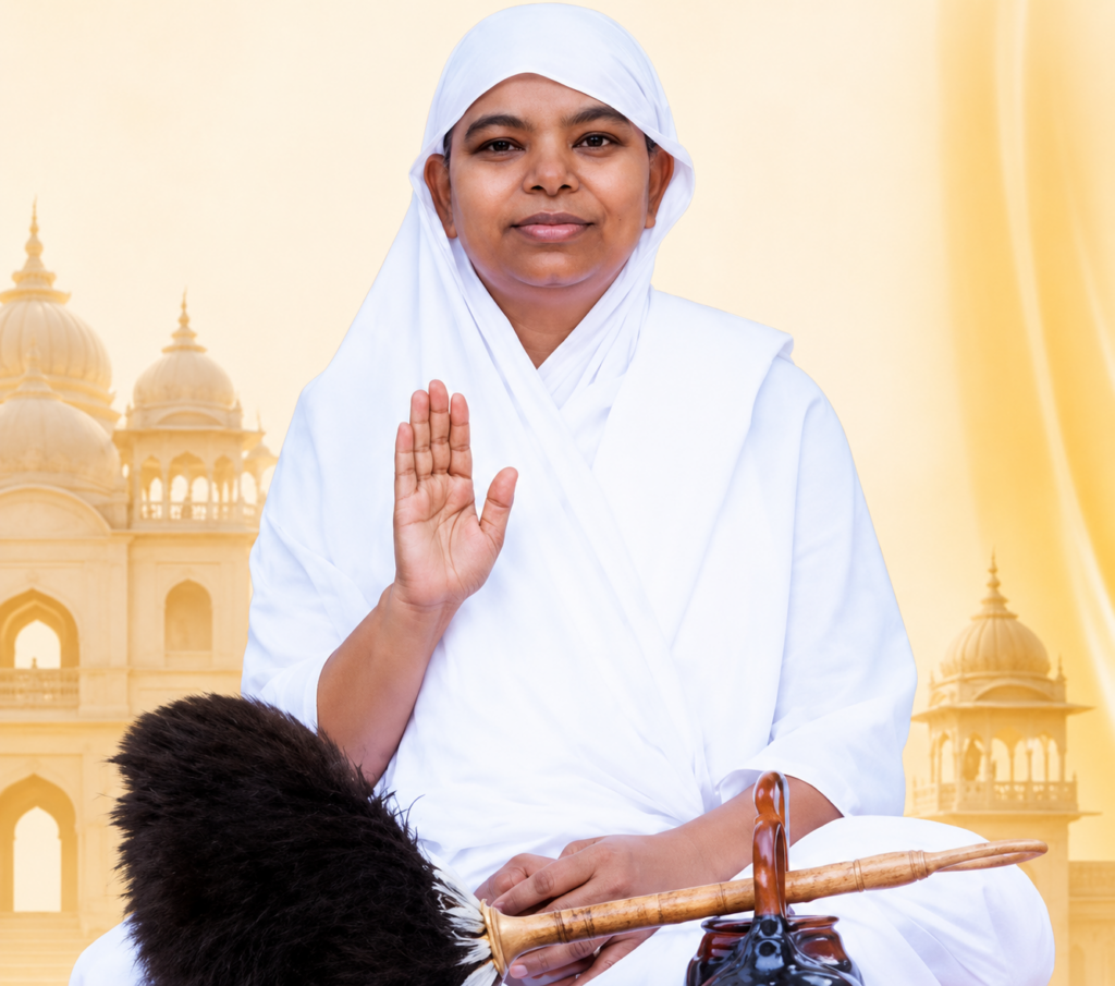 Woman in white robes with headscarf raises her right hand in blessing, set against a warm temple backdrop.