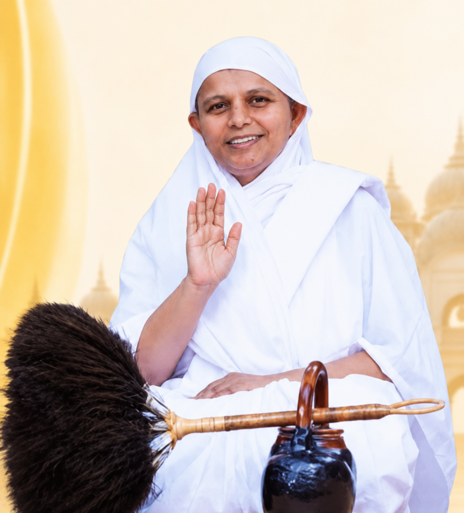 Woman in white robes raises her hand in blessing, with a ceremonial broom and pot in the foreground against a pale yellow background.