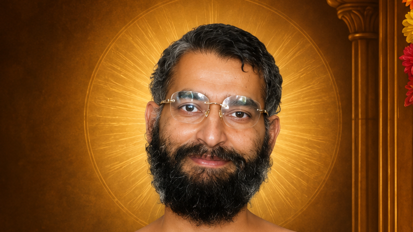 Smiling man with glasses and a thick beard, illuminated by a gold halo-like backdrop.
