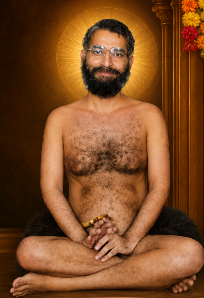 Bearded man with glasses meditates cross-legged, holding prayer beads, against a warm gold halo background.