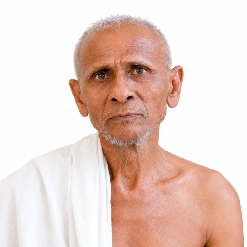 Close-up portrait of an older man with short gray hair and a light beard, wearing a white cloth draped over one shoulder, looking serious.