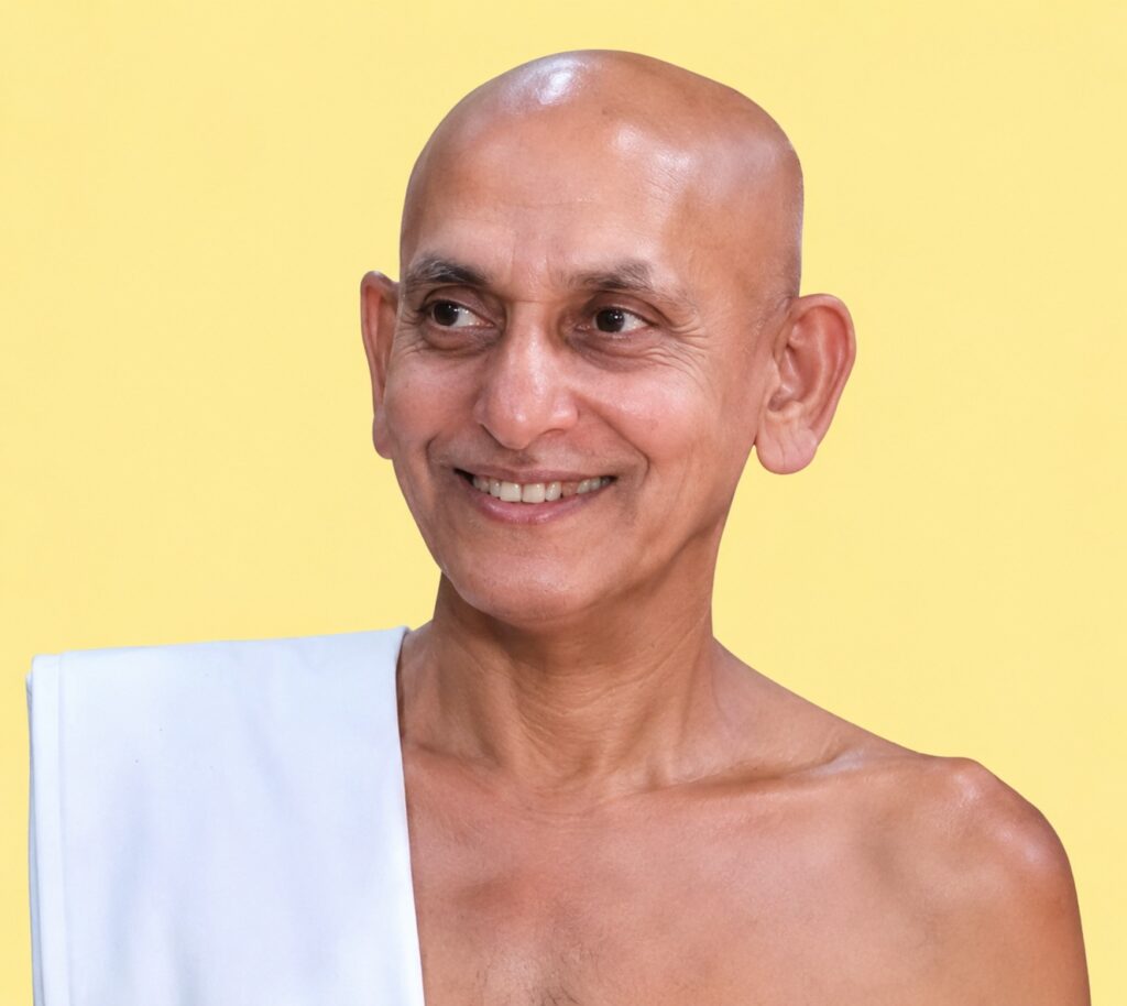 Cheerful bald man in a white robe smiles against a yellow background (monk portrait)