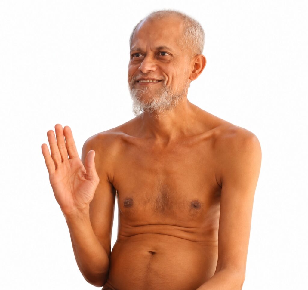 Older man with gray beard, shirtless, smiling and waving with his right hand against a white background.
