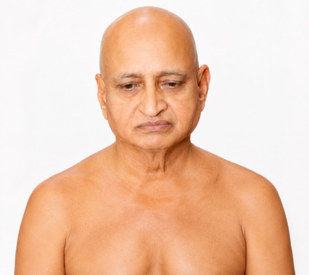 Bald, middle-aged man with tan skin looking downward against a white background, bare shoulders visible.