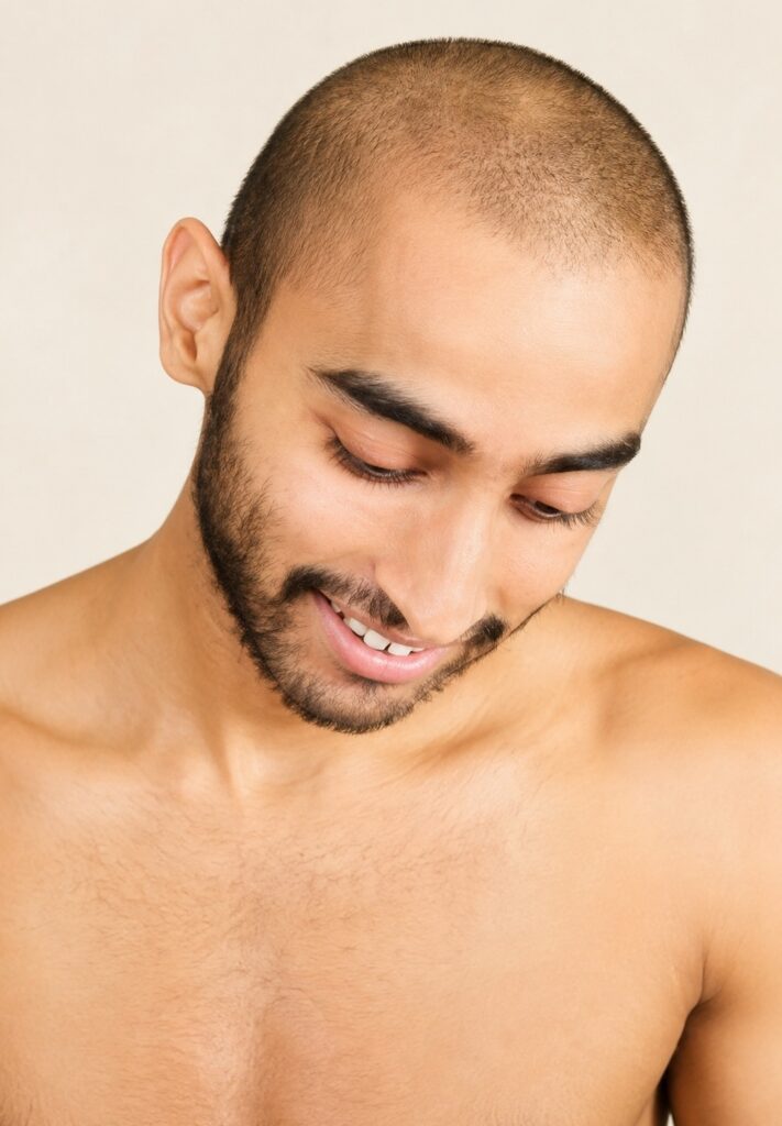Close-up portrait of a smiling man with a shaved head and trimmed beard, looking down against a neutral background.
