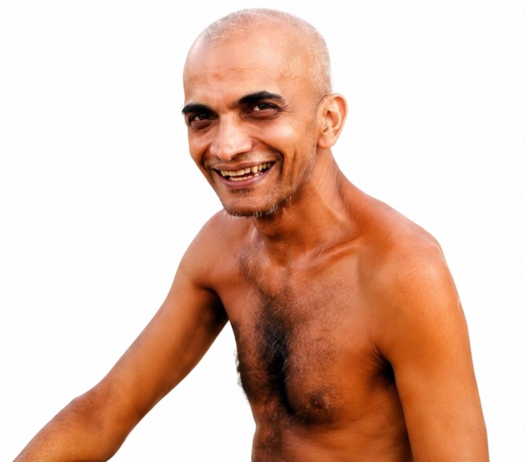 Smiling, shirtless man with short gray stubble on a white background; facing camera slightly angled to the side.