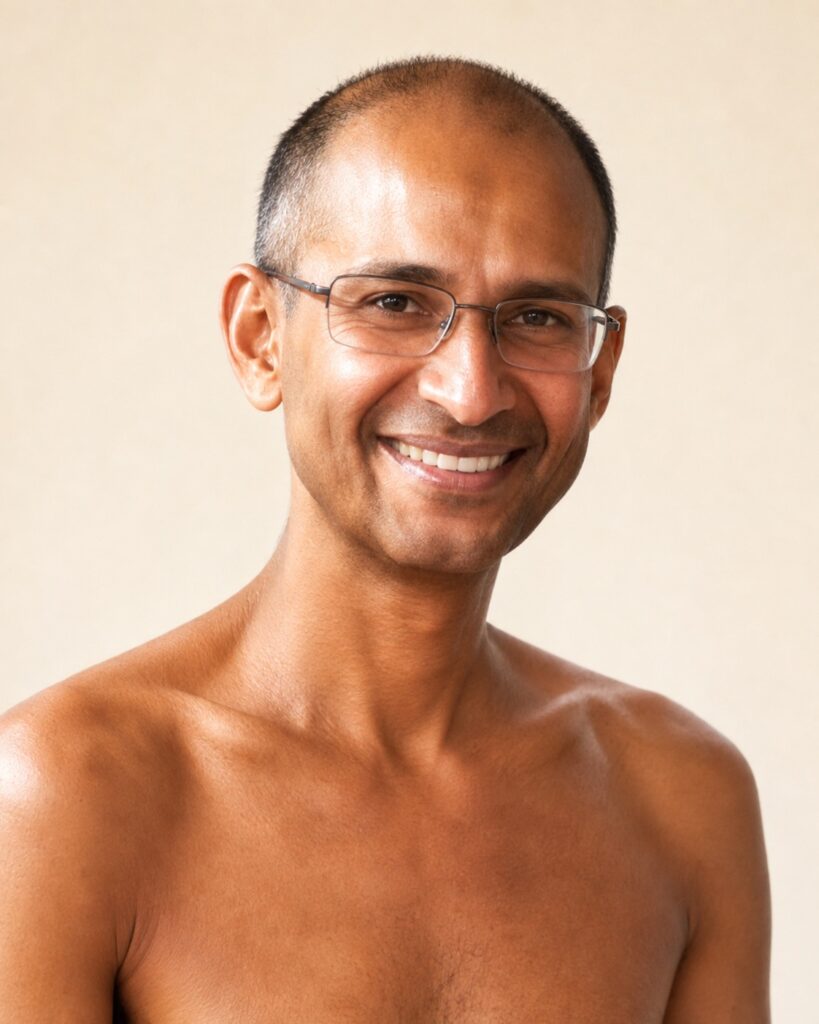 Smiling man with glasses and a shaved head photographed against a beige background; bare shoulders visible.