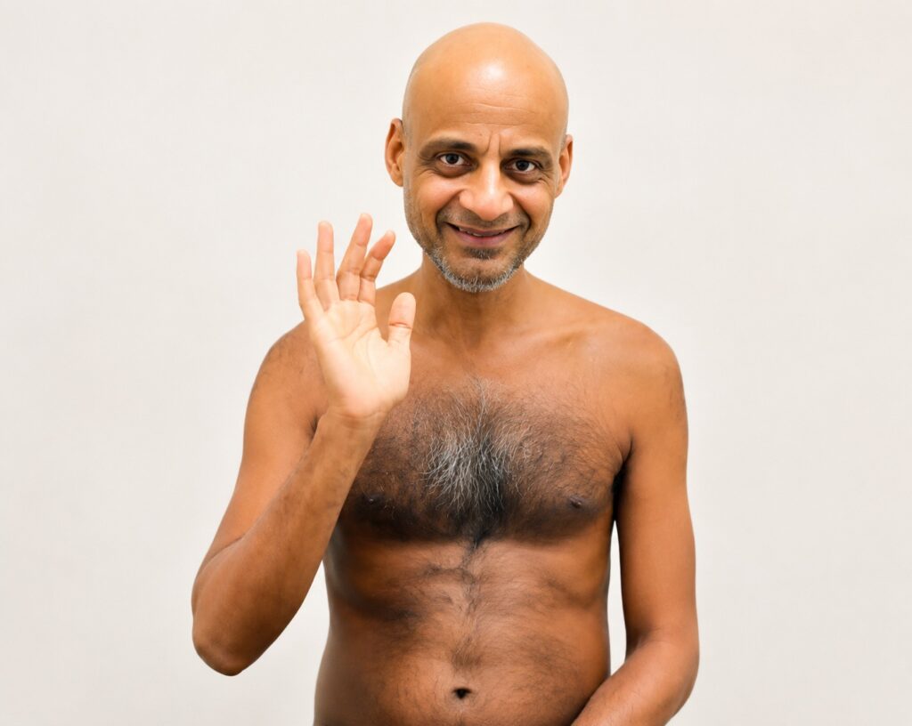 Smiling bald man with a gray beard, shirtless, waving hello at the camera against a plain background.
