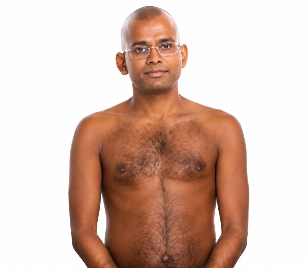 Front-facing portrait of a shirtless man wearing glasses, standing against a white studio background and looking at the camera.