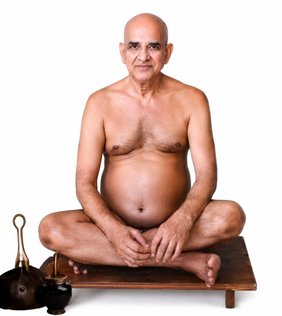 Older, shirtless man sits cross‑legged on a wooden platform with hands resting in his lap, meditating in a bright studio.
