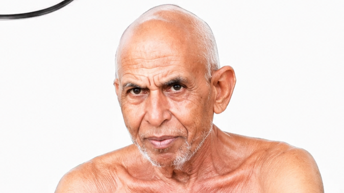 Close-up portrait of an older, bald man with a trimmed gray beard, shirtless, looking directly at the camera against a white background for an informative image.