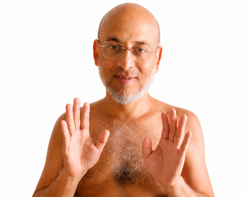 Smiling bald man with glasses raises both hands in a stop gesture against a white background.