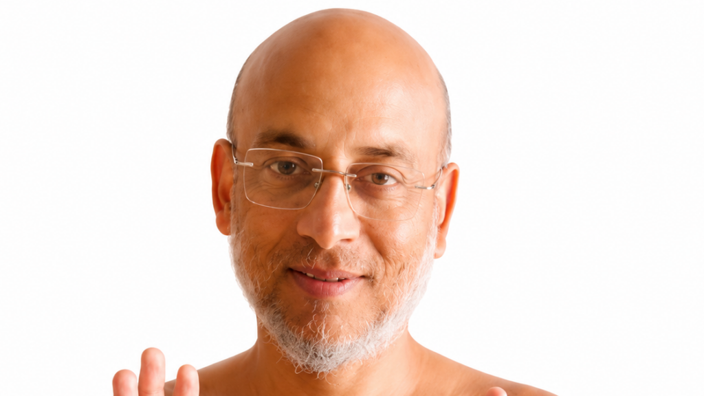Smiling bald man with rimless glasses and a gray beard, raising his hands in a friendly wave.