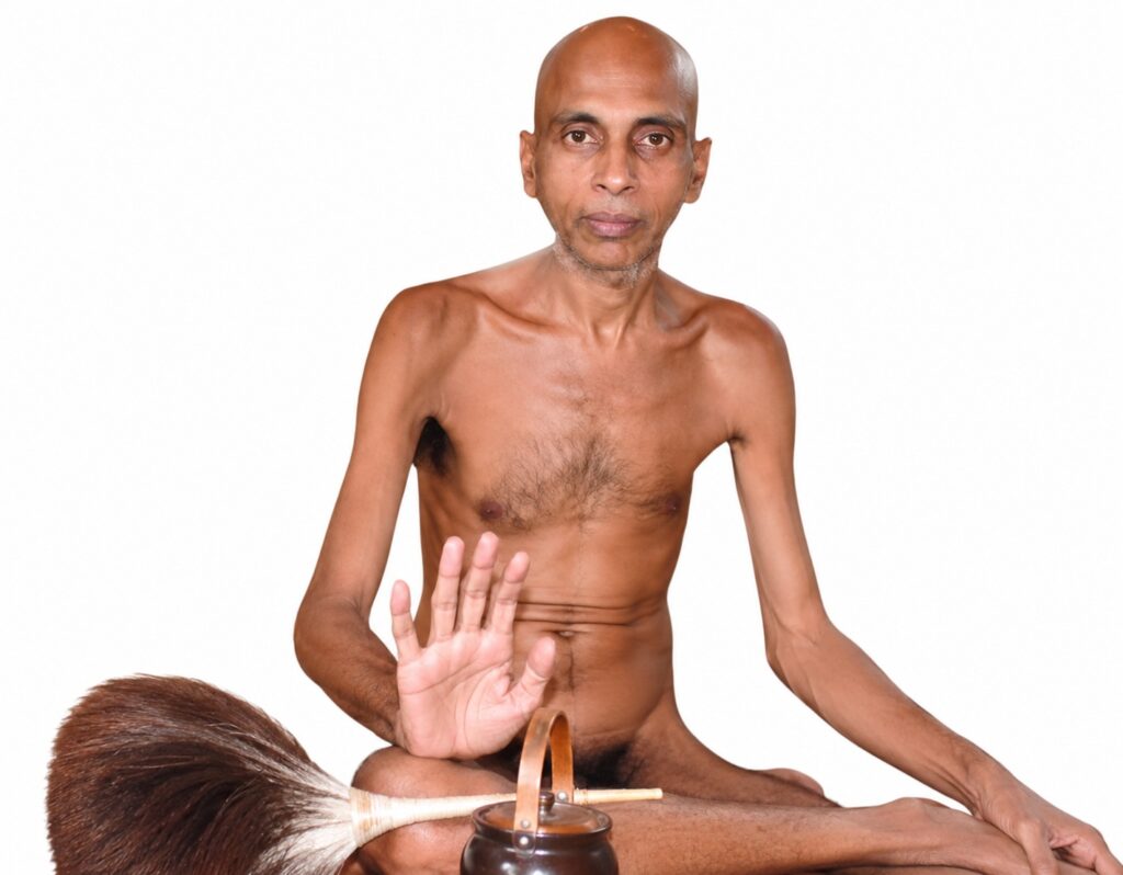 Bare-chested man sits cross-legged in a studio setting, one hand held up in a calm stop gesture, with a large ceremonial brush and a dark ceramic pot resting near him against a white background.