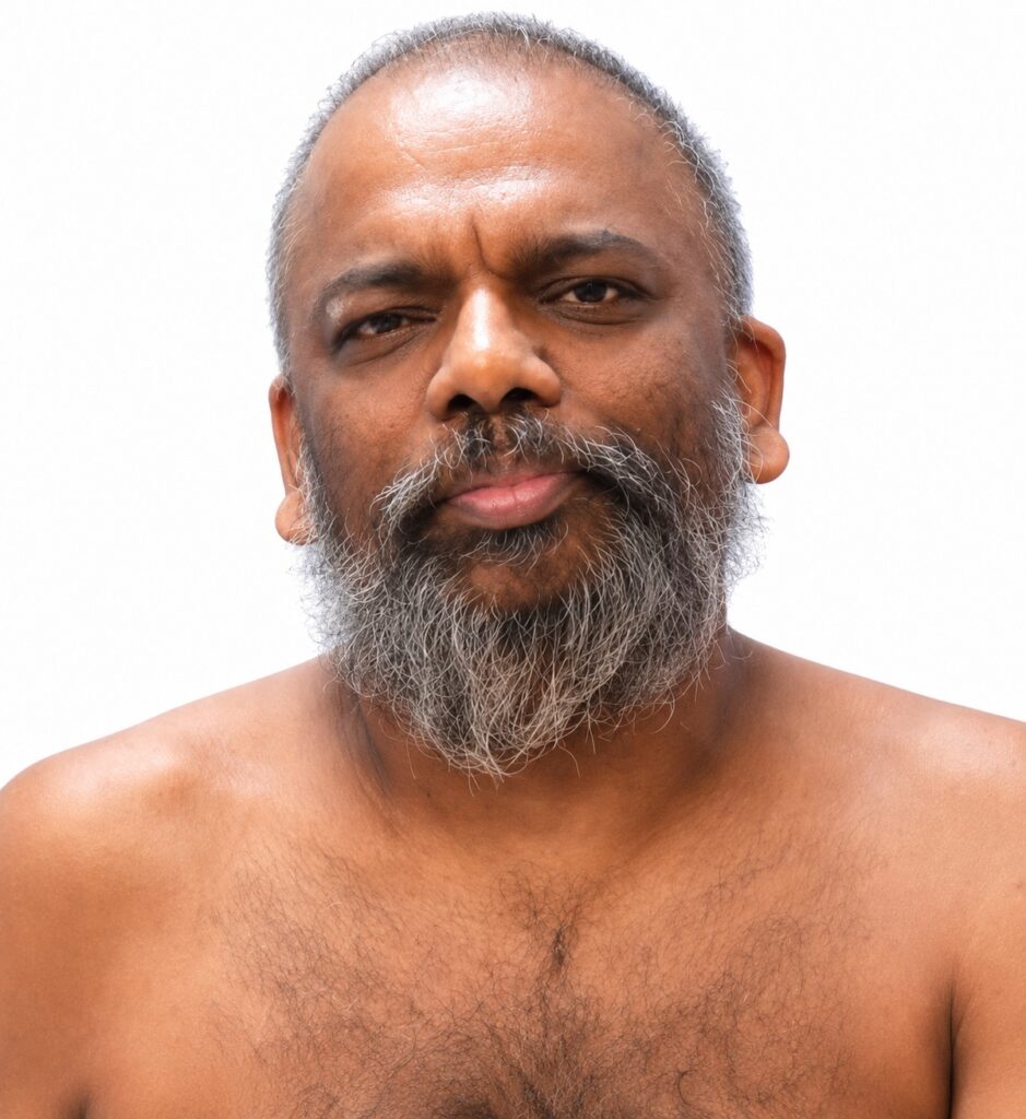 Portrait of a middle-aged man with a gray beard and mustache, looking at the camera with a neutral expression, bare shoulders visible.