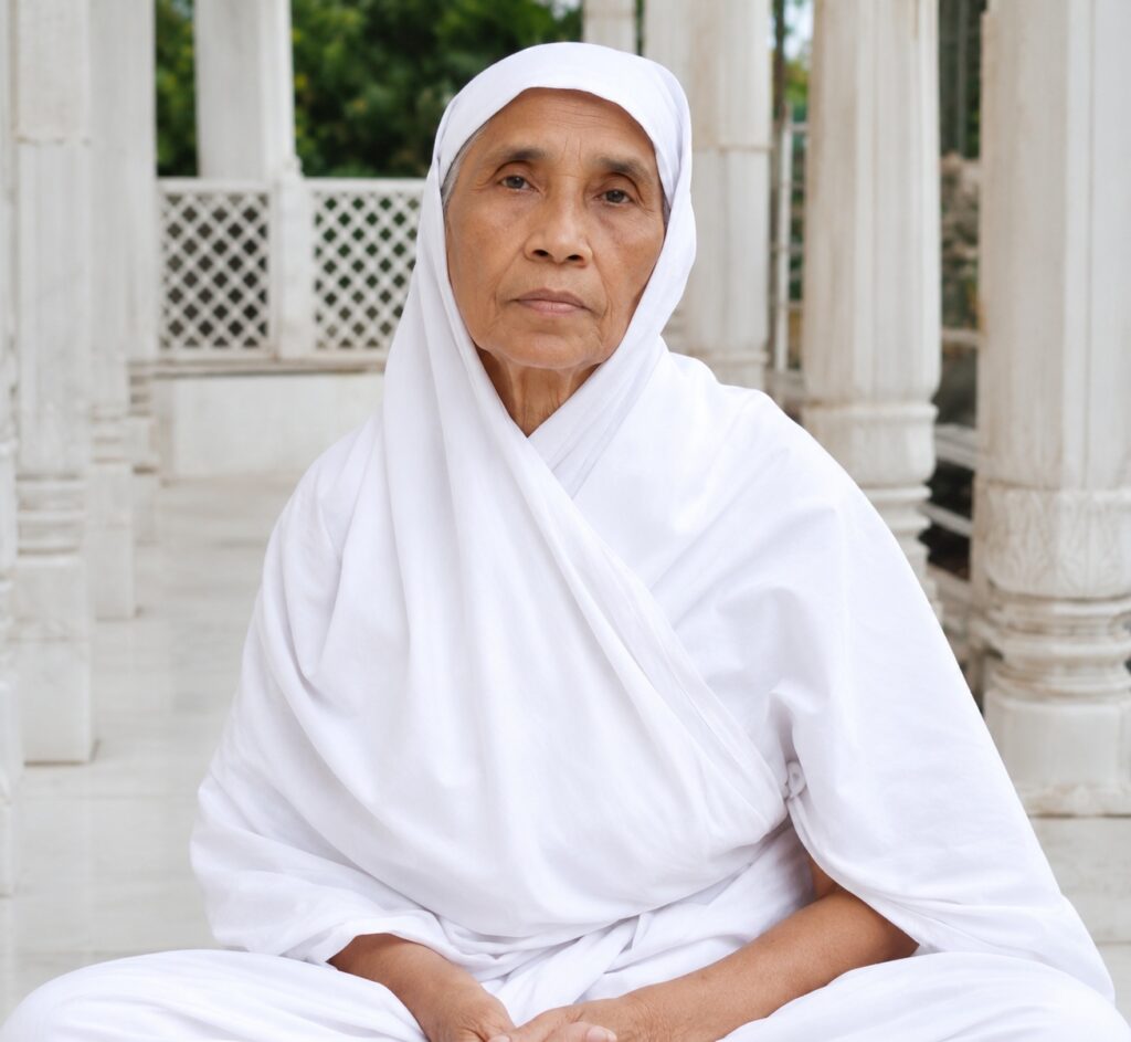 Older woman in white robes seated cross-legged in a white marble courtyard with columns, calm expression.