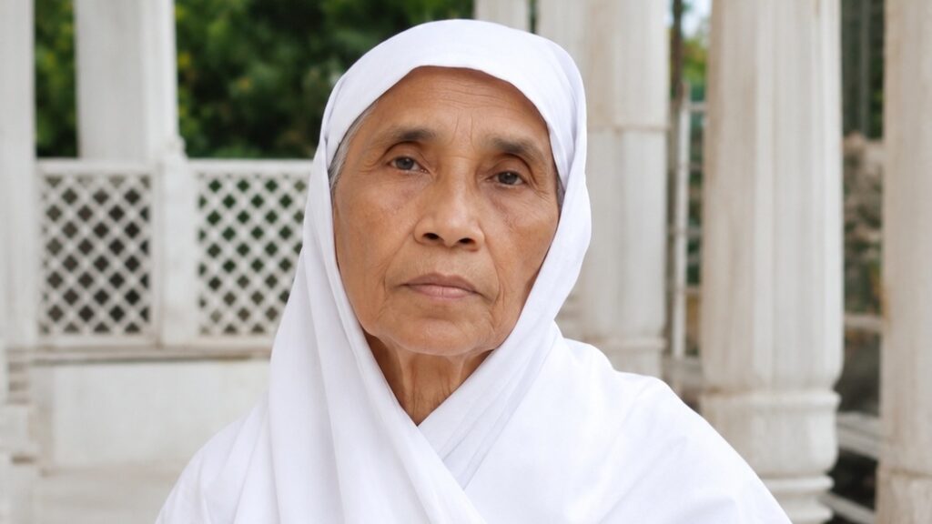Portrait of an elderly woman wearing a white headscarf, looking at the camera in a marble courtyard with columns.