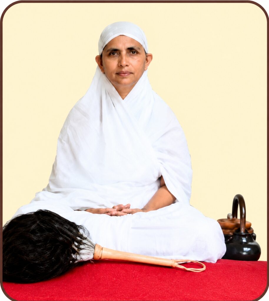 Person in white robes meditating cross-legged on a red mat, with a chauri whisk and kettle nearby.