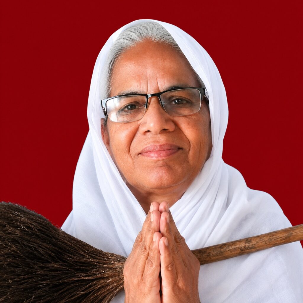 Older woman in a white headscarf prays with hands pressed together, holding a broom against a red background.