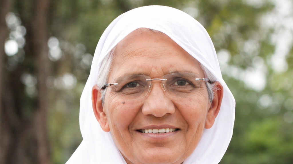 Close-up of an elderly woman in a white headscarf and glasses, smiling outdoors.