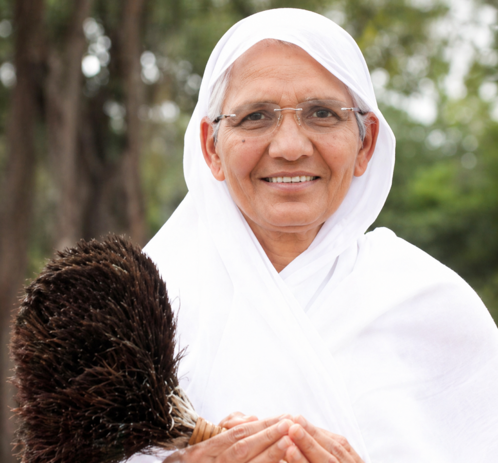 Smiling elderly woman in a white hijab and glasses, outdoors, holding a broom in front of greenery.