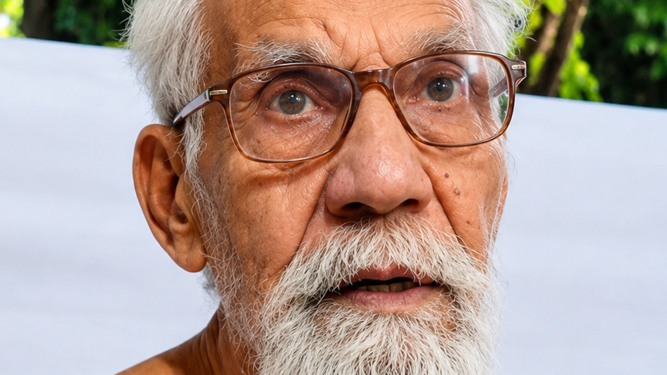 Close-up portrait of an elderly man with gray hair and a white beard, wearing brown glasses, outdoors.