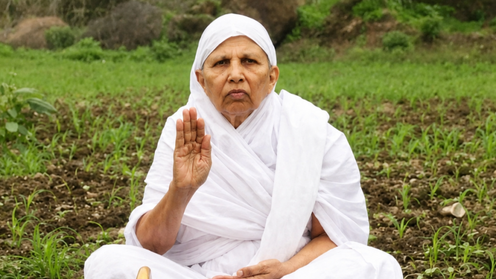Elderly person in white robes sits in a field, raising a hand in a blessing or greeting gesture.