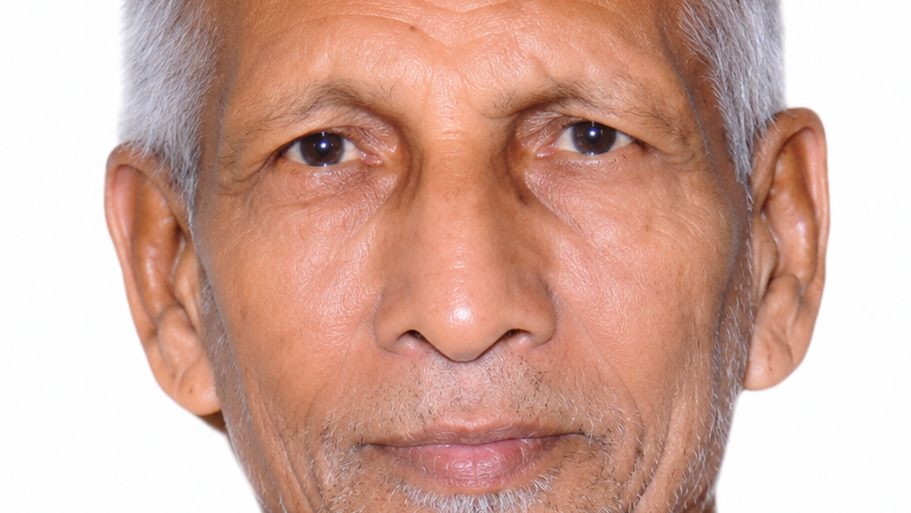 Close-up portrait of an older man with gray hair and light stubble looking at the camera, neutral expression.