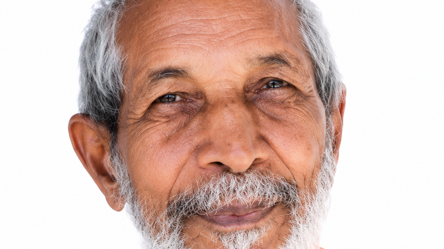 Close-up portrait of a smiling elderly man with gray hair and a white beard against a white background, looking at the camera.