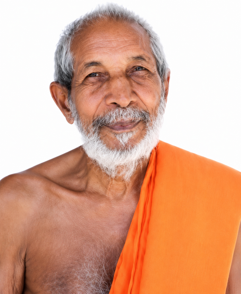 Elderly Buddhist monk with gray beard, wearing an orange robe, smiling against a white background