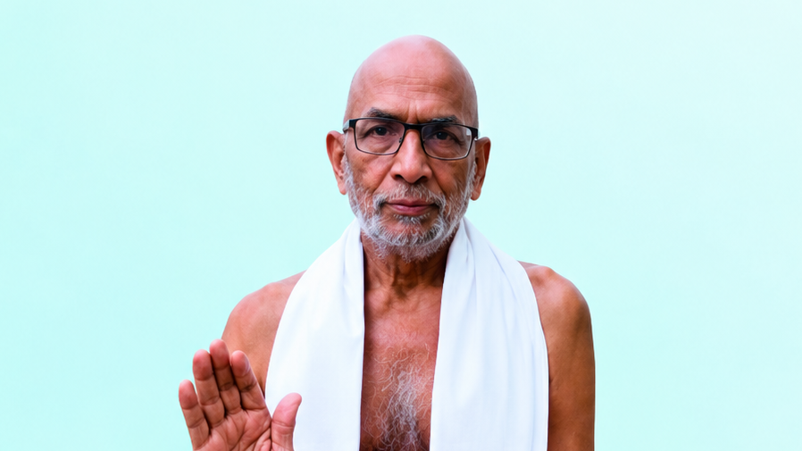 Older man with glasses and a white scarf making a blessing gesture with his hand raised against a light blue background.