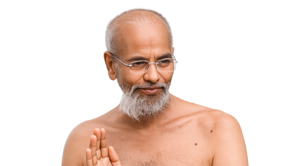 An elderly man with a gray beard and glasses, shirtless, raising a hand in blessing toward the viewer.