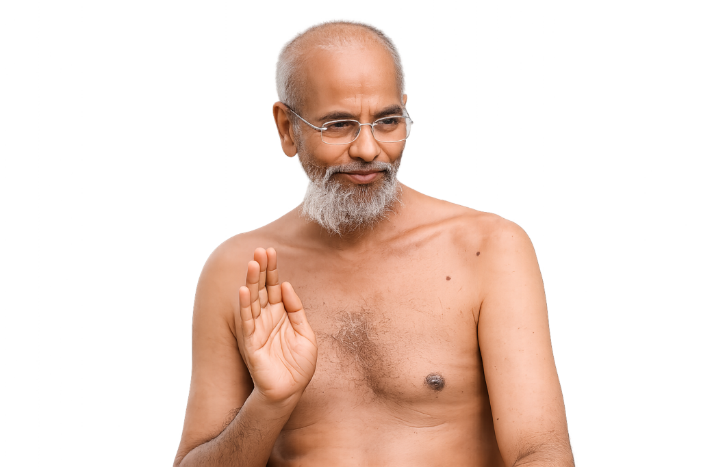 Older man with glasses and gray beard shows a stop gesture with his palm facing outward in a neutral setting, shirtless.