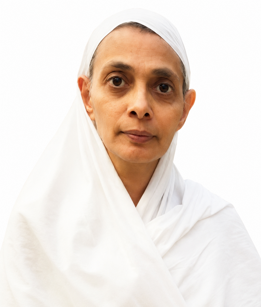 Portrait of a middle-aged woman wearing a white headscarf against a plain white background.