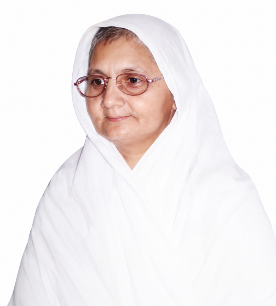 Portrait of an elderly woman in a white headscarf and pink glasses, facing slightly left.