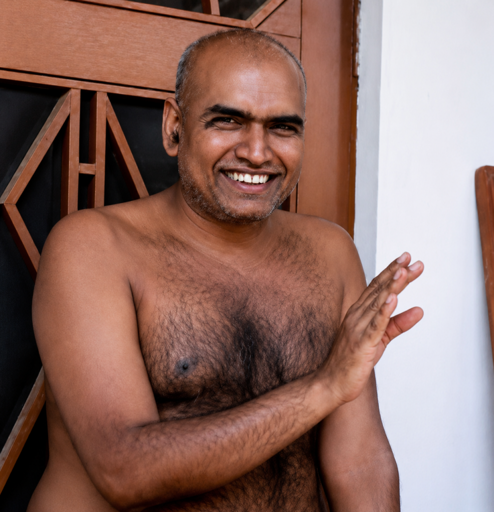 Smiling shirtless man with short hair, standing by a door and waving with his right hand.