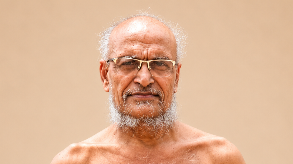 Portrait of an elderly man with white beard and glasses, looking at the camera against a beige background, bare shoulders visible.