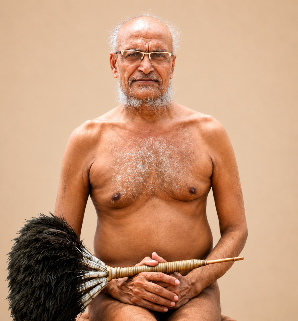 Older man with glasses and a white beard, topless, sitting while holding a large feather duster across his lap.