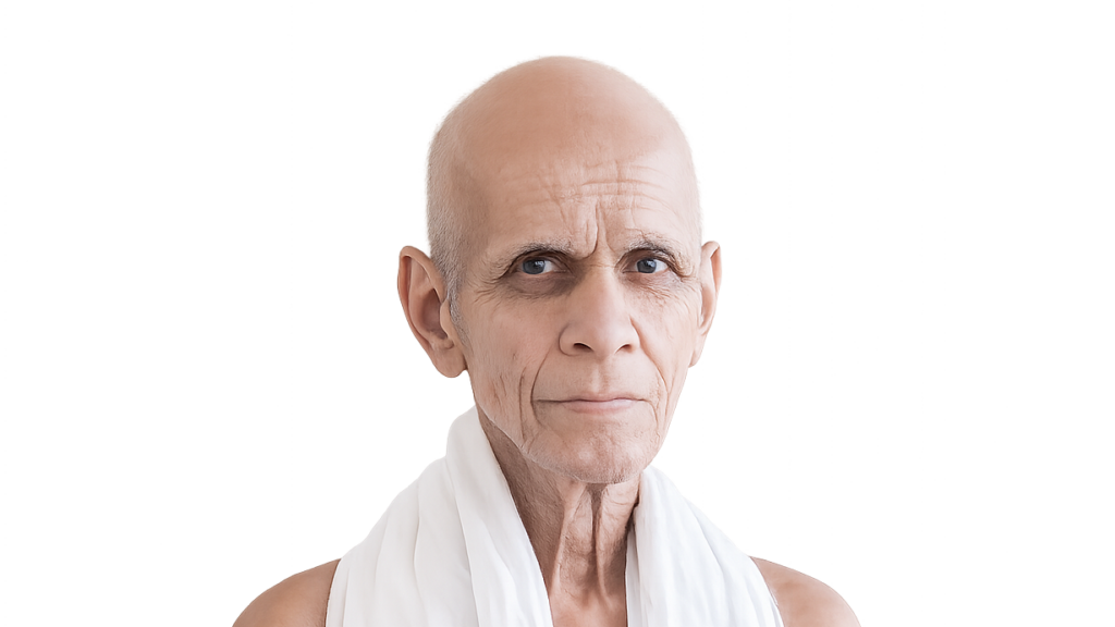 Close-up portrait of an elderly, bald man with a white scarf, calm expression, against a soft gray gradient background.