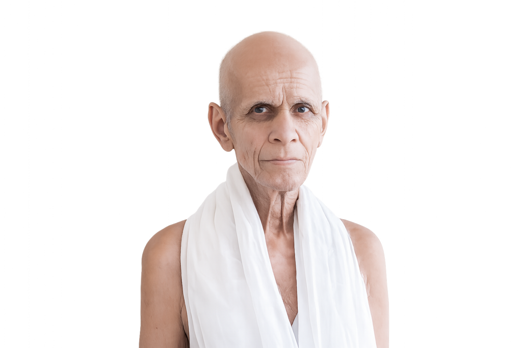 Older man with a shaved head wearing a white draped cloth, glowing halo behind him against a gray gradient background.