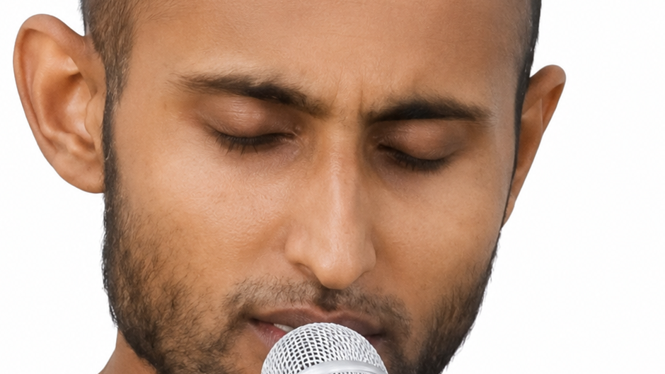 Close-up of a man with eyes closed, singing into a microphone near his lips, focused expression.