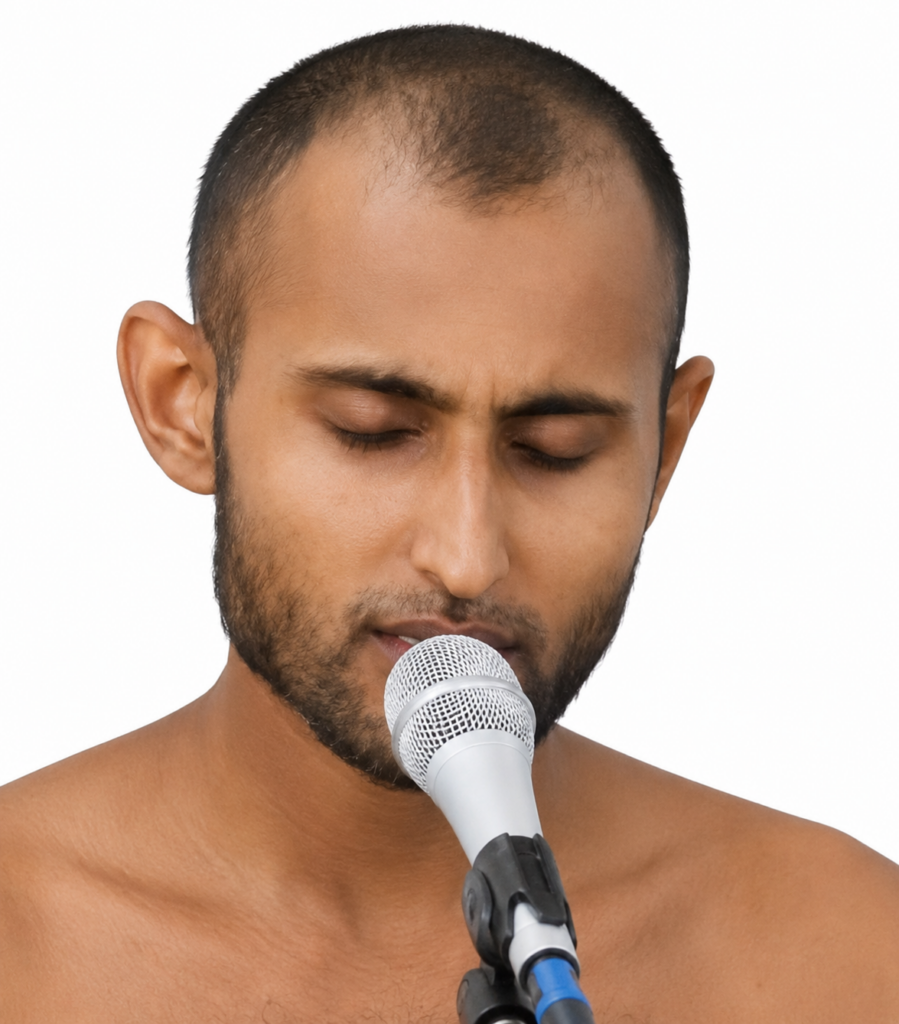 Man with eyes closed singing into a handheld microphone against a white background.