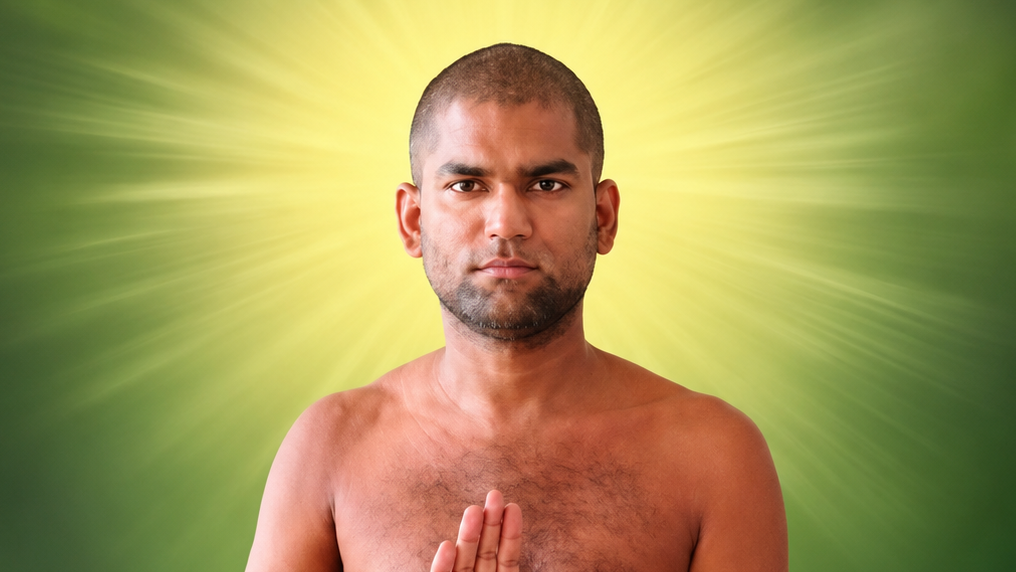Man shirtless with hands pressed together in prayer, a bright yellow aura radiating behind him, suggesting meditation or blessing.
