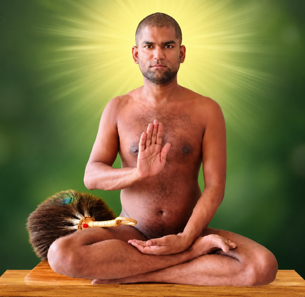 Shirtless man sits cross‑legged on a wooden platform, one hand raised in a mudra, with a glowing halo behind his head.